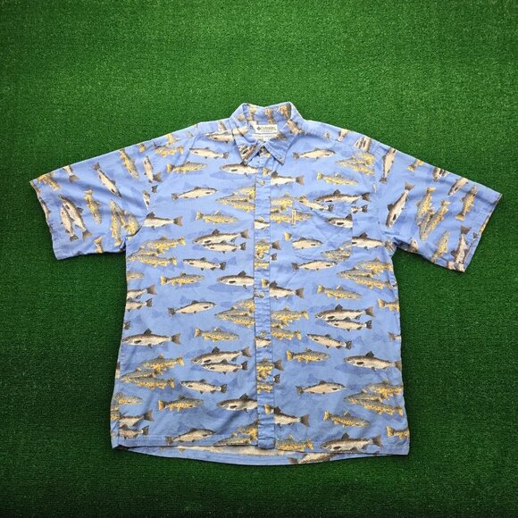 Columbia Shirt Mens XL/2XL Blue Button Down Fish All Over Print Outdoors Fishing - Picture 1 of 7